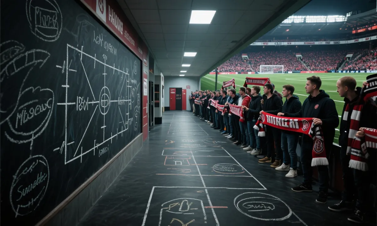 世界杯比赛现场的战术板与球迷手持围巾，聚焦中场对决氛围