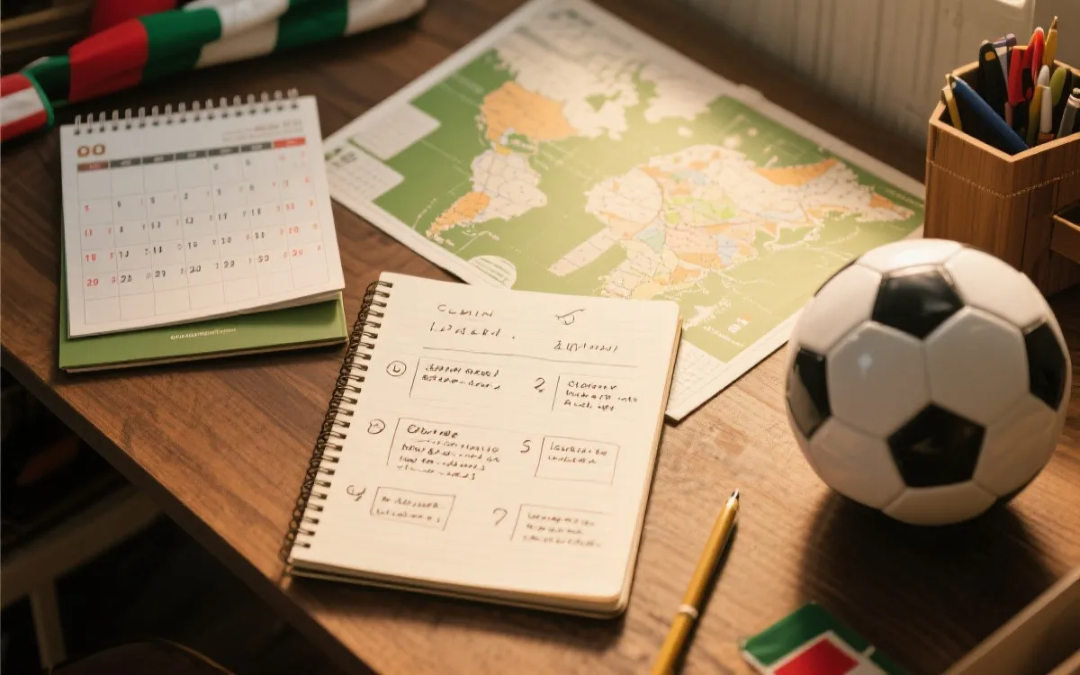 世界杯观赛计划桌面场景：日历、地图与球迷笔记的占位图